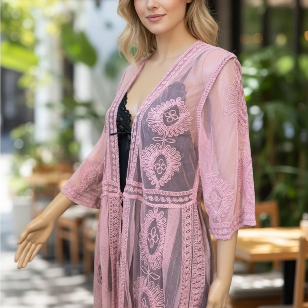 Sheer Embroidered Pink Lace Duster